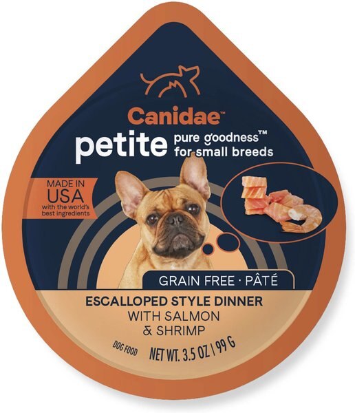 CANIDAE PURE Petite All Stages Small Breed Escalloped Style Dinner with Salmon and Shrimp Wet Dog Food Trays， 3.5-oz， case of 12