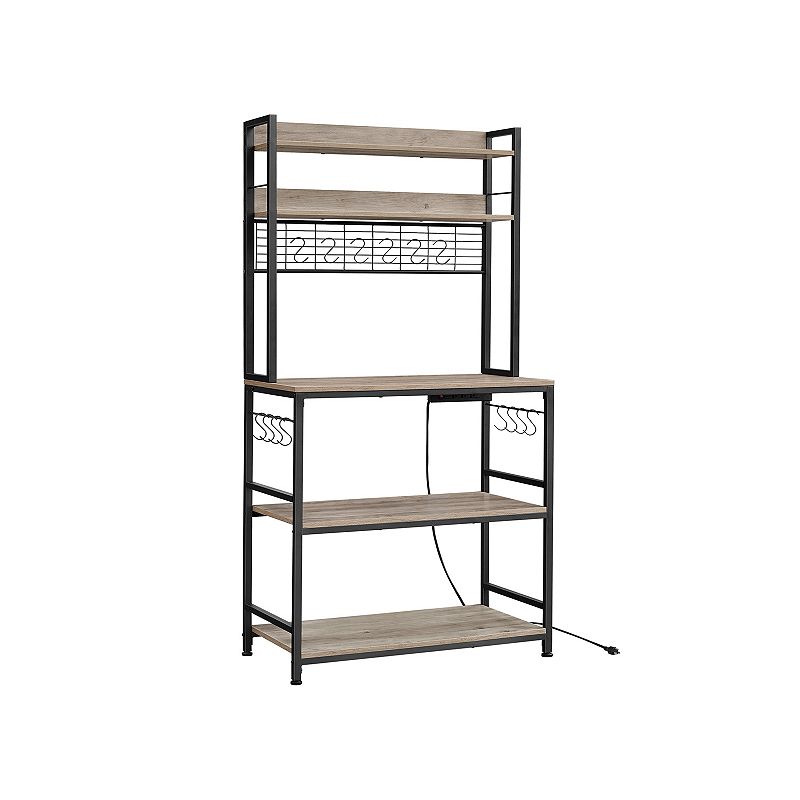 Bakers Rack With Power Outlet， Microwave Stand， Coffee Bar With Metal Wire Panel