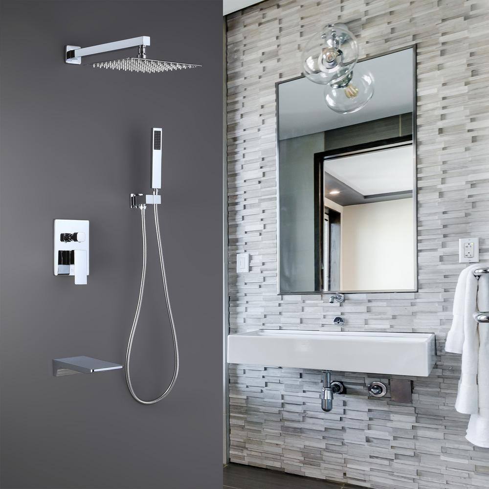 GIVING TREE 2-Spray 12 in. Square Rain Shower Head with Hand Shower and Waterfall Tub Faucet in Chrome (Valve Included) HDYN-MM0029