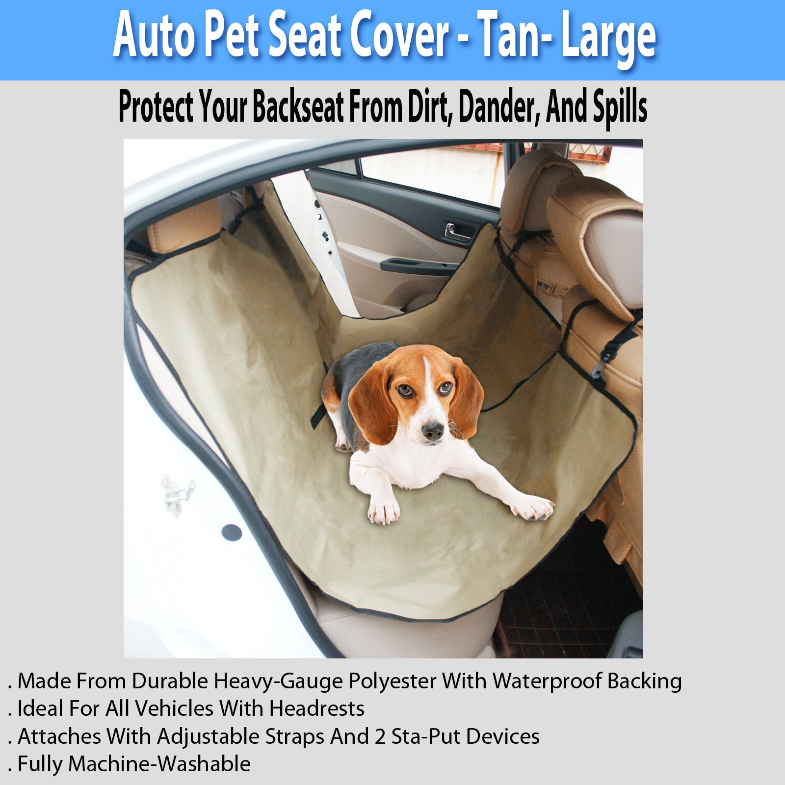 Elah International Auto Pet Seat Cover Waterproof Machine-Washable Protect Dirt Spills Beige One Size