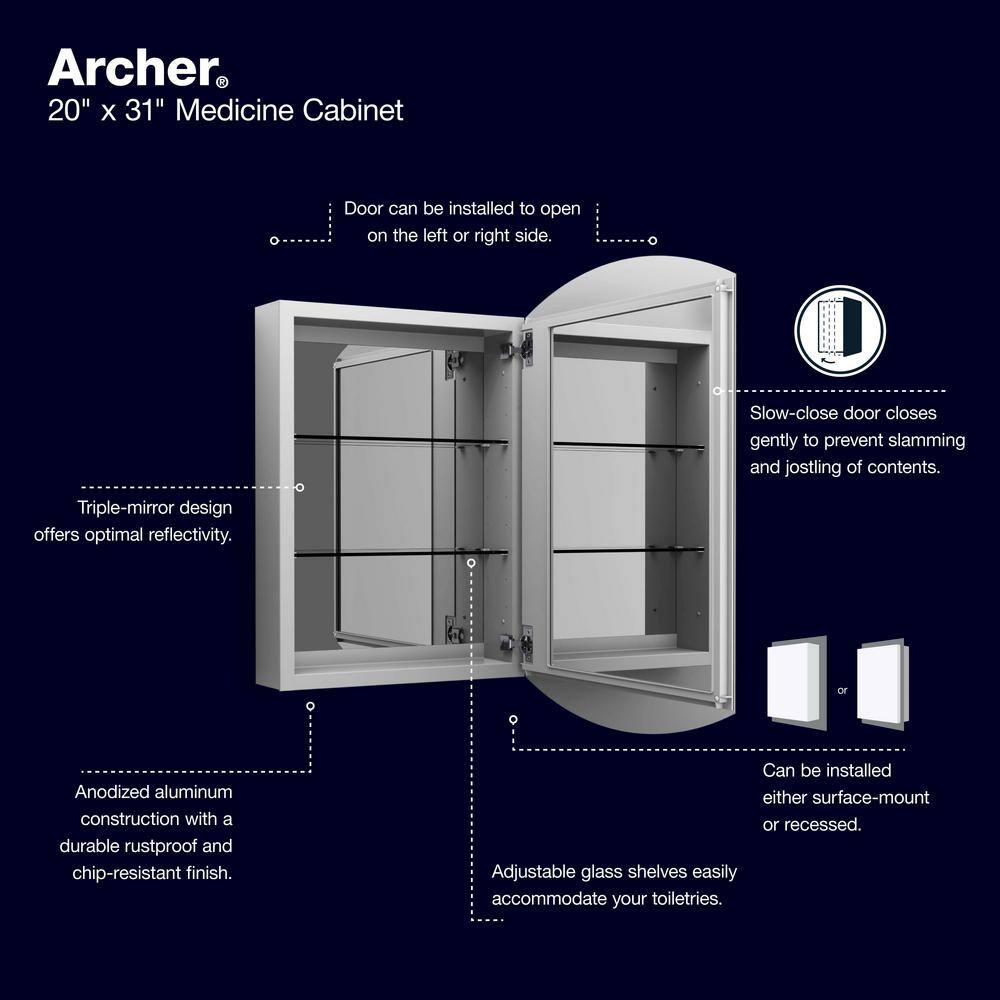 KOHLER Archer 20 in. x 31 in. Recessed or Surface Mount Soft Close Medicine Cabinet with Mirrored Door R79222-NA