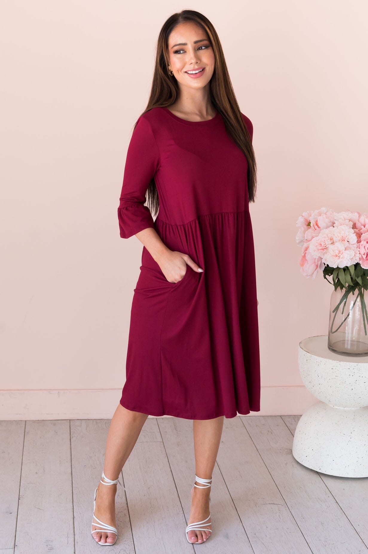 Zadie burgundy bell-sleeved crew neck gown