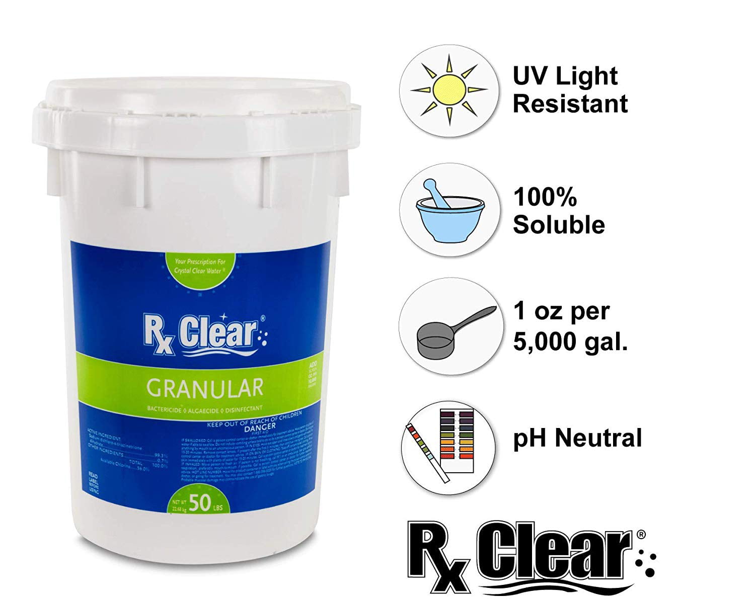 Rx Clear Granular Swimming Pool Chlorine - 100 lbs Bucket