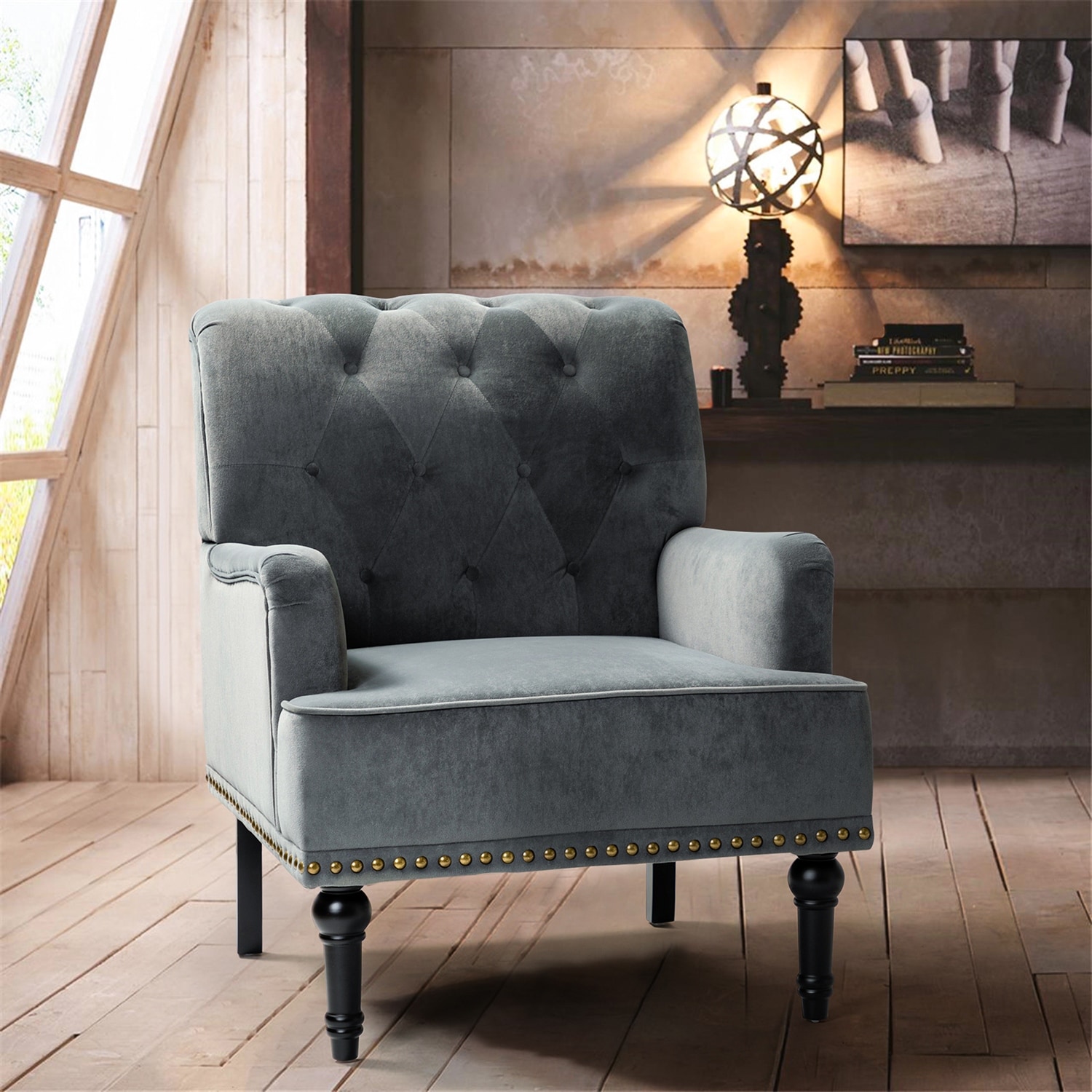 Accent Chair Armchair with Rubber Wood Legs and Nailhead Trim， Tufted Velvet Fabric Upholstery Accent Chairs