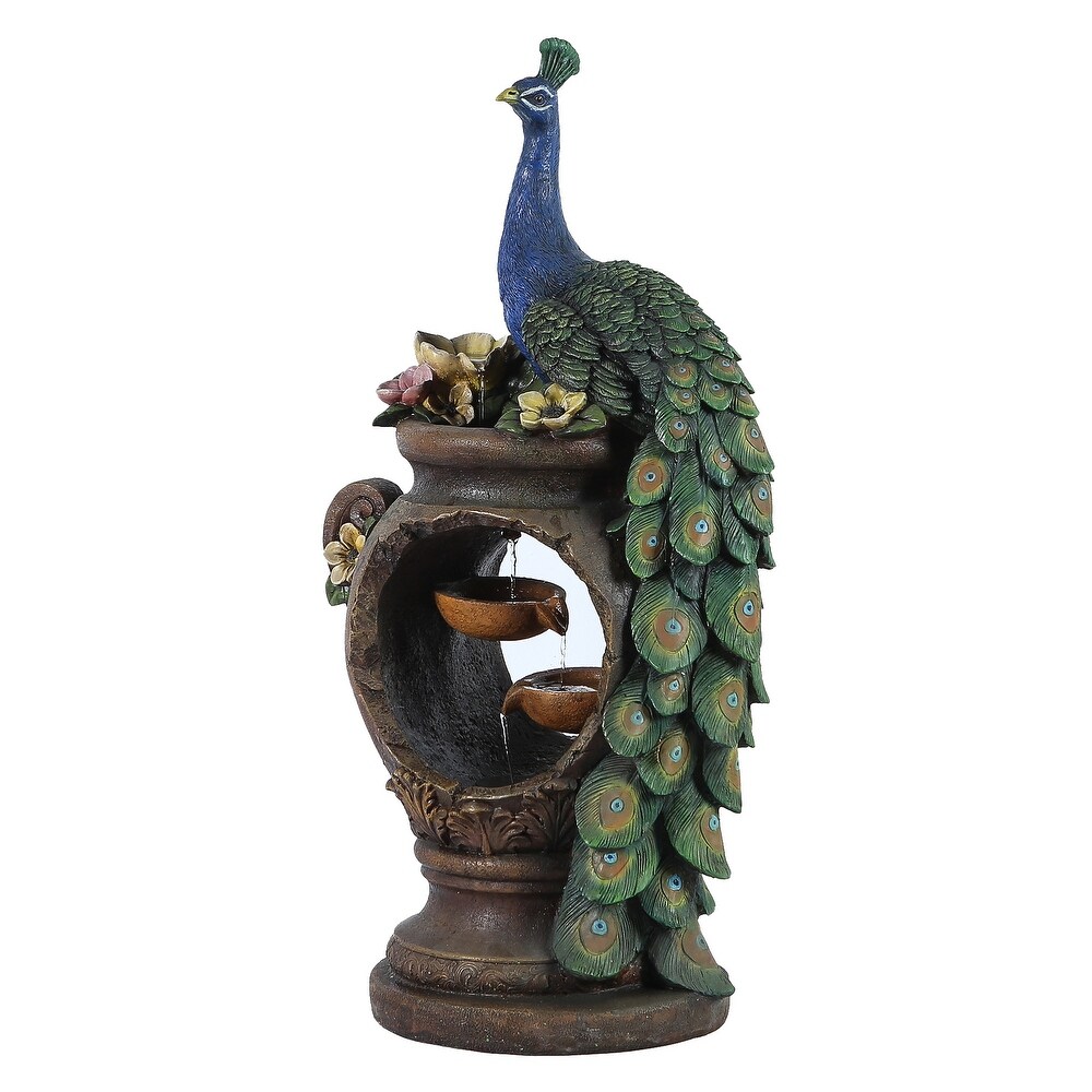 Resin Peacock and Urn Statue Outdoor Fountain with LED Lights