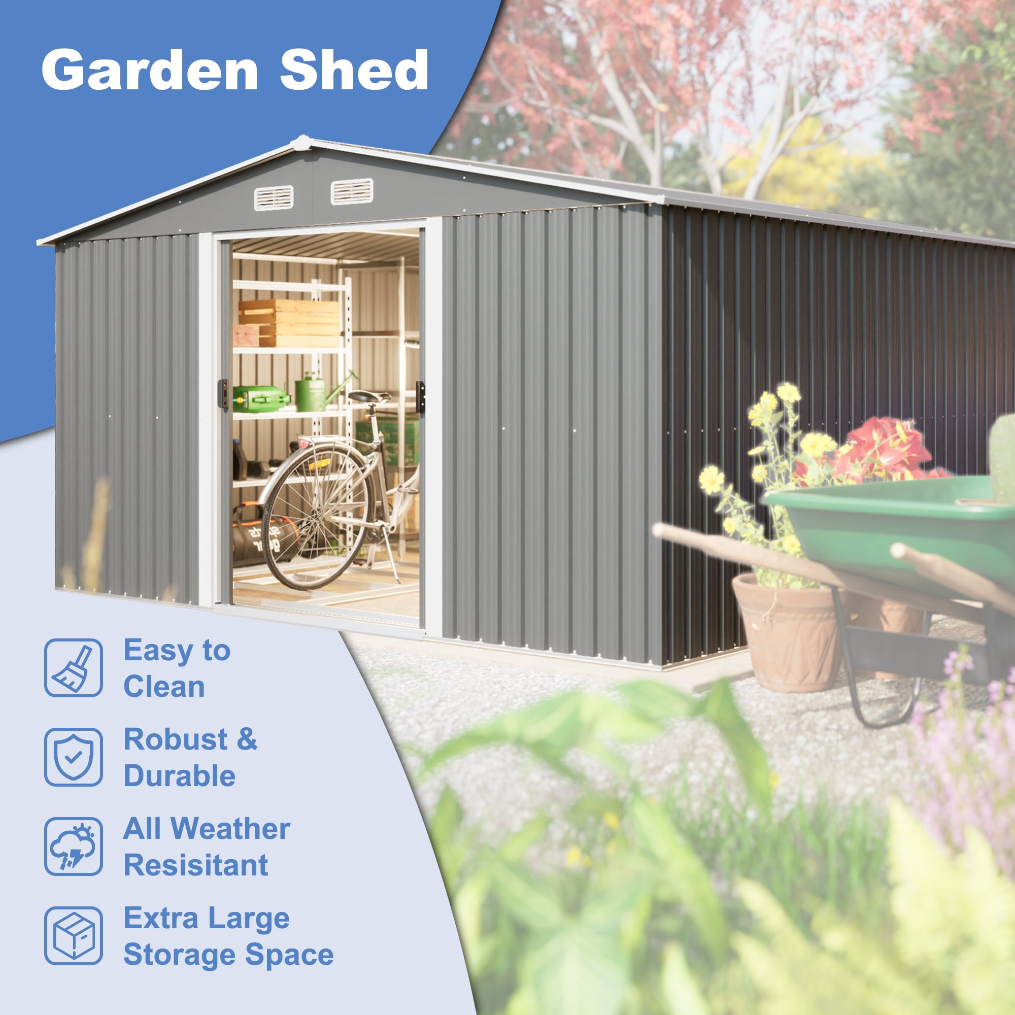 LZBEITEM 11 x 13 ft. Outdoor Storage Shed，Galvanized Steel Garden Shed，Metal ShedsGarden Tool Shed with Double Lockable Sliding Doors for Backyard Patio Lawn,Gray