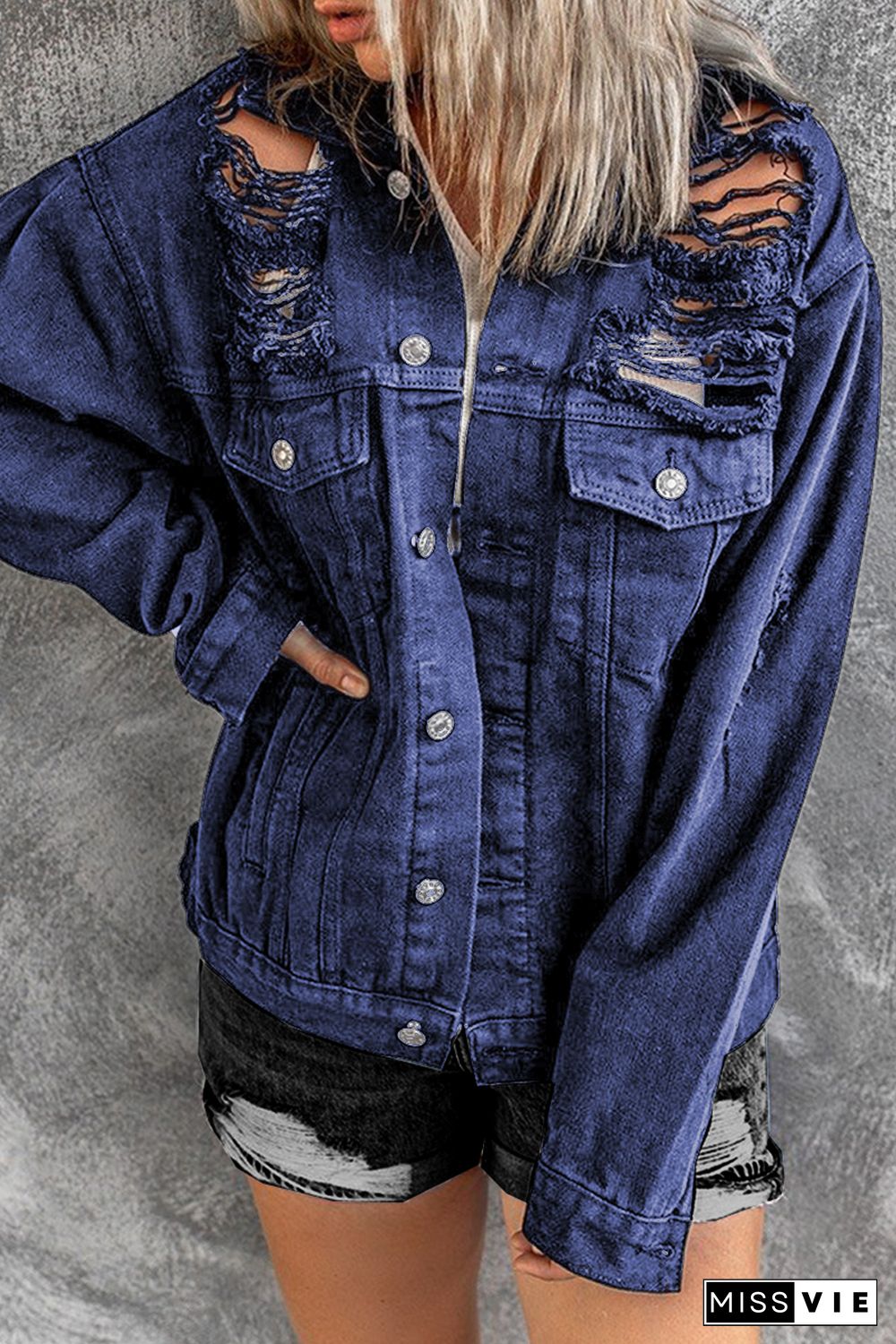 Blue Distressed Buttons Chest Pockets Denim Jacket