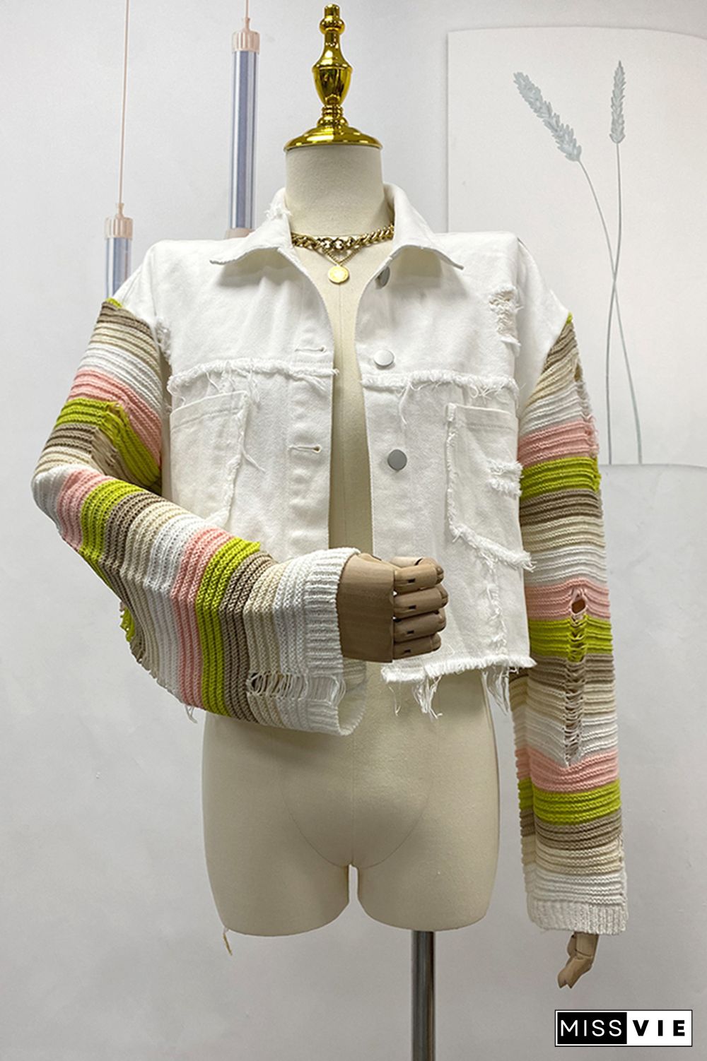 Rainbow Knitting Sleeve Patchwork Ripped Denim Jacket