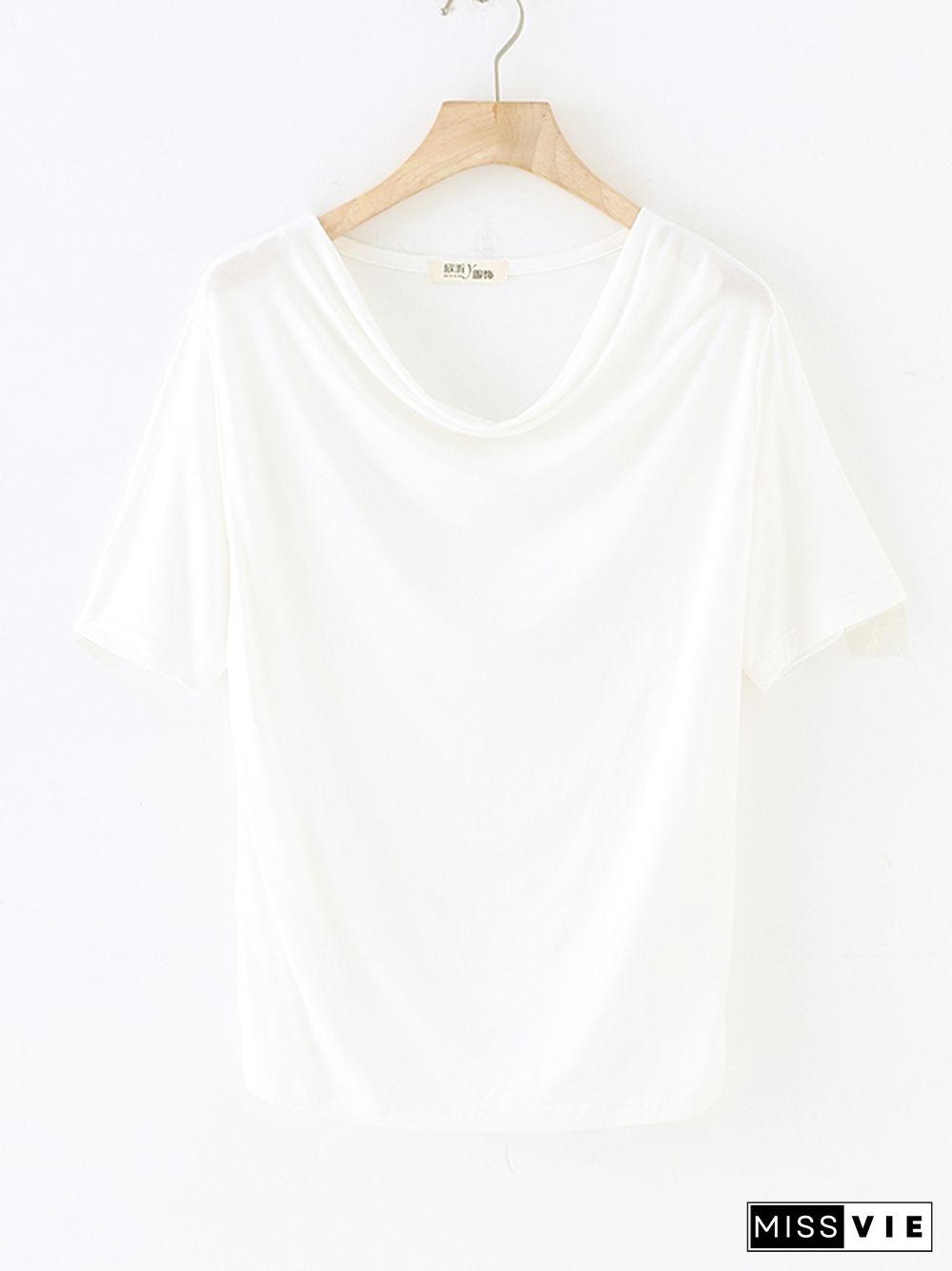 Short Sleeves Pleated Solid Color Heaps Collar T-Shirts Tops