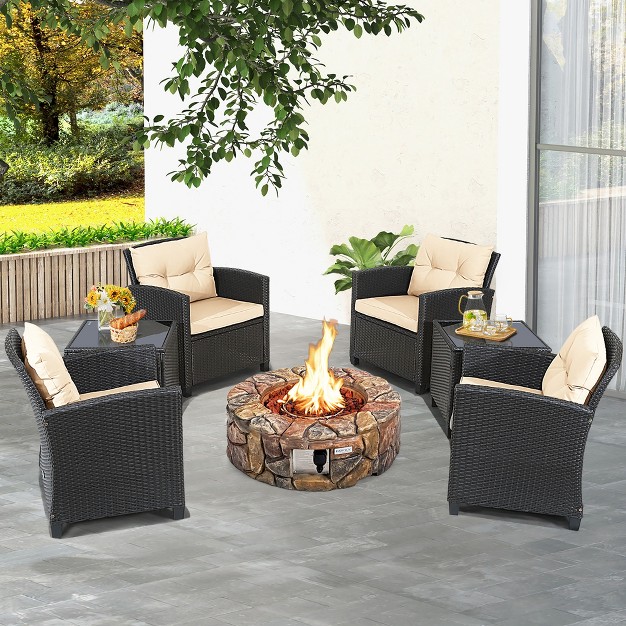 Costway 7pcs Patio Rattan Wicker Furniture Set Gas Fire Pit Table Sofa Cushion