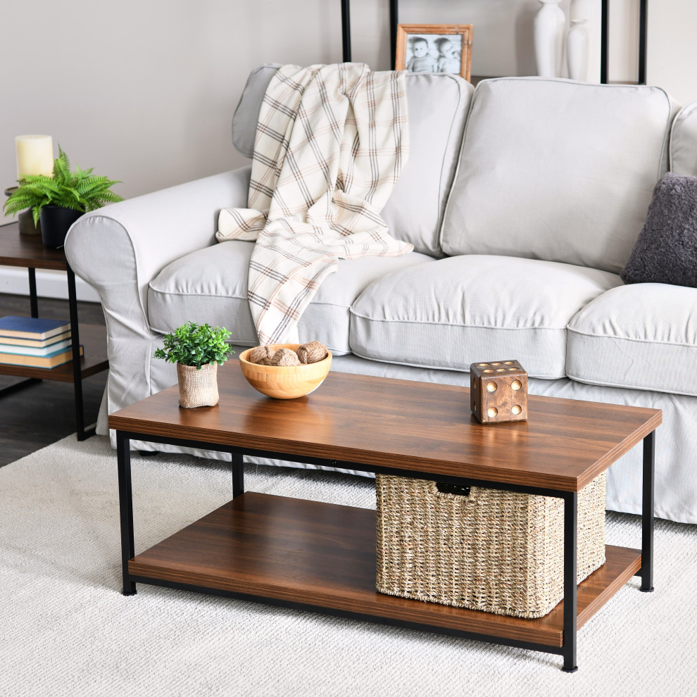 Rectangular Coffee Table  Storage Shelf Mid Century Walnut  Black Metal   Transitional   Coffee Tables   by Household Essentials  Houzz