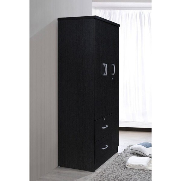 Hodedah Import 3 Door Armoire with Clothing Rod， Shelves， and 2 Drawers， Black - - 37191678