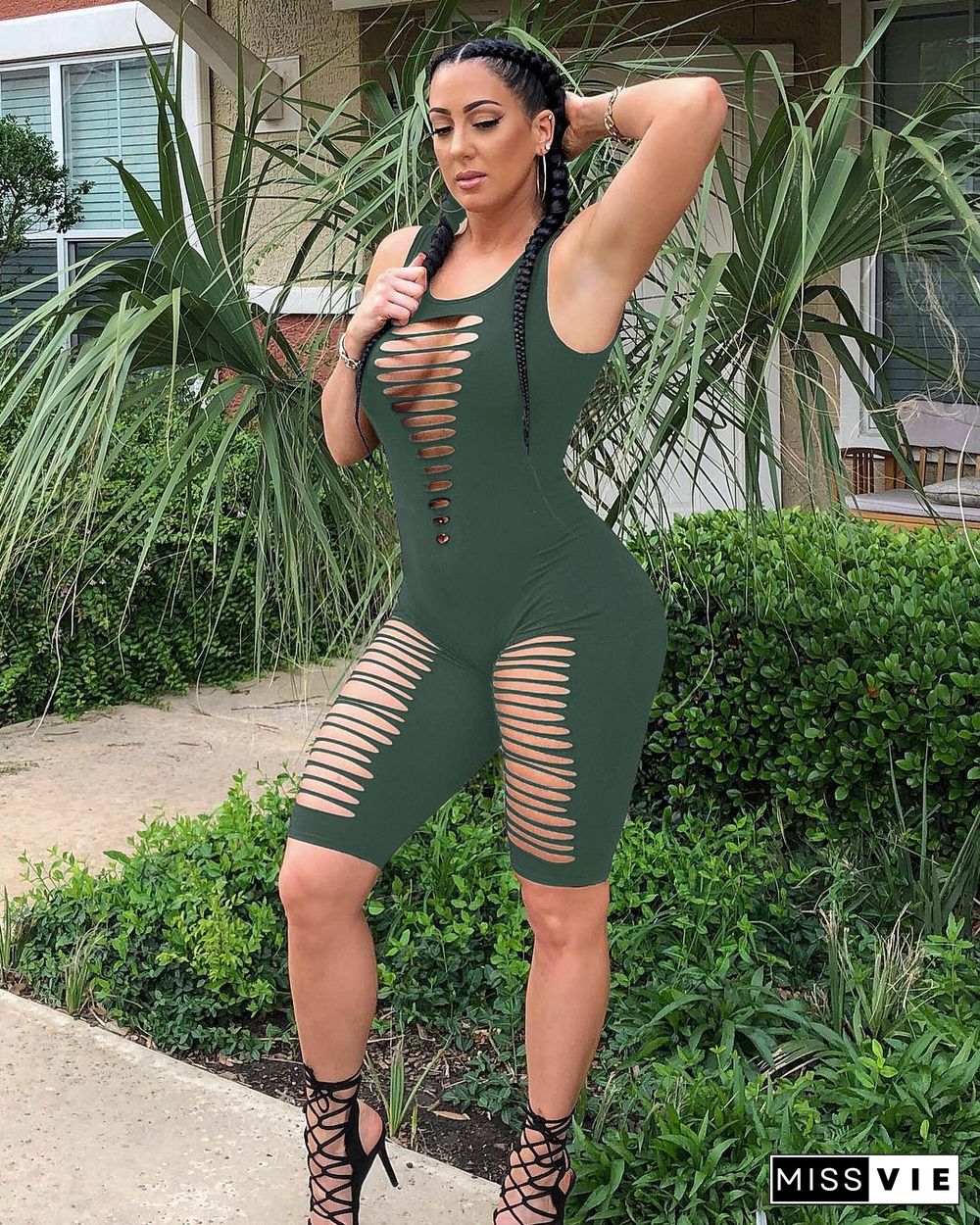 Sexy Hollow out Sleeveless Knee Lenth Plus Size Jumpsuits