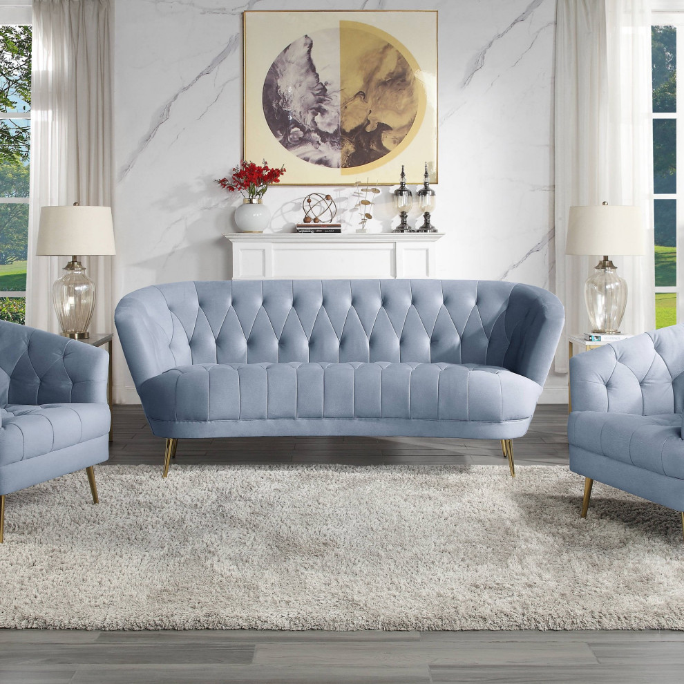 Elegant Sofa  Gold Legs  ampTufted Velvet Seat With Curved Silhouette  Light Gray   Midcentury   Sofas   by Decorn  Houzz