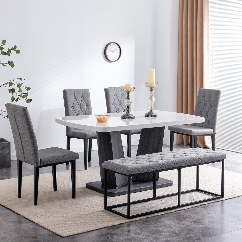 6 Piece Dining Table with 4 Chairs   1 Bench  Table with Marbled Tabletop