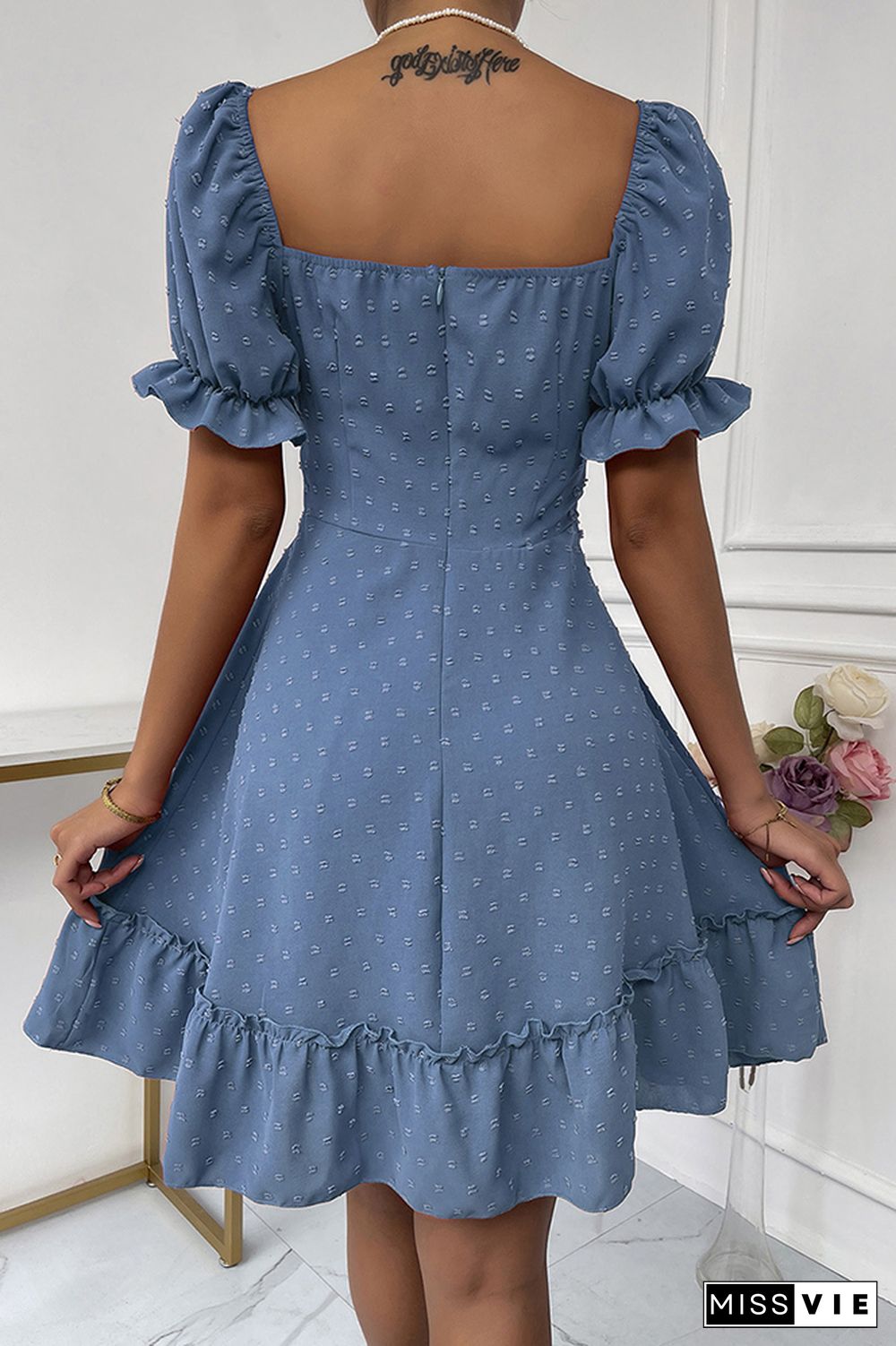 Solid Polka Dot Ruffle Short Sleeve Dress Wholesale