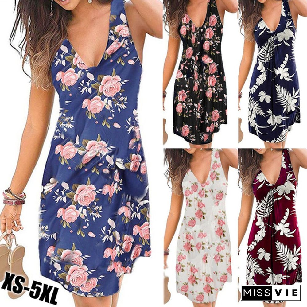 Summer Womenufashion Casual Dresses Printed Floral Skirts V-Neck Plus Size Sleeveless Dresses