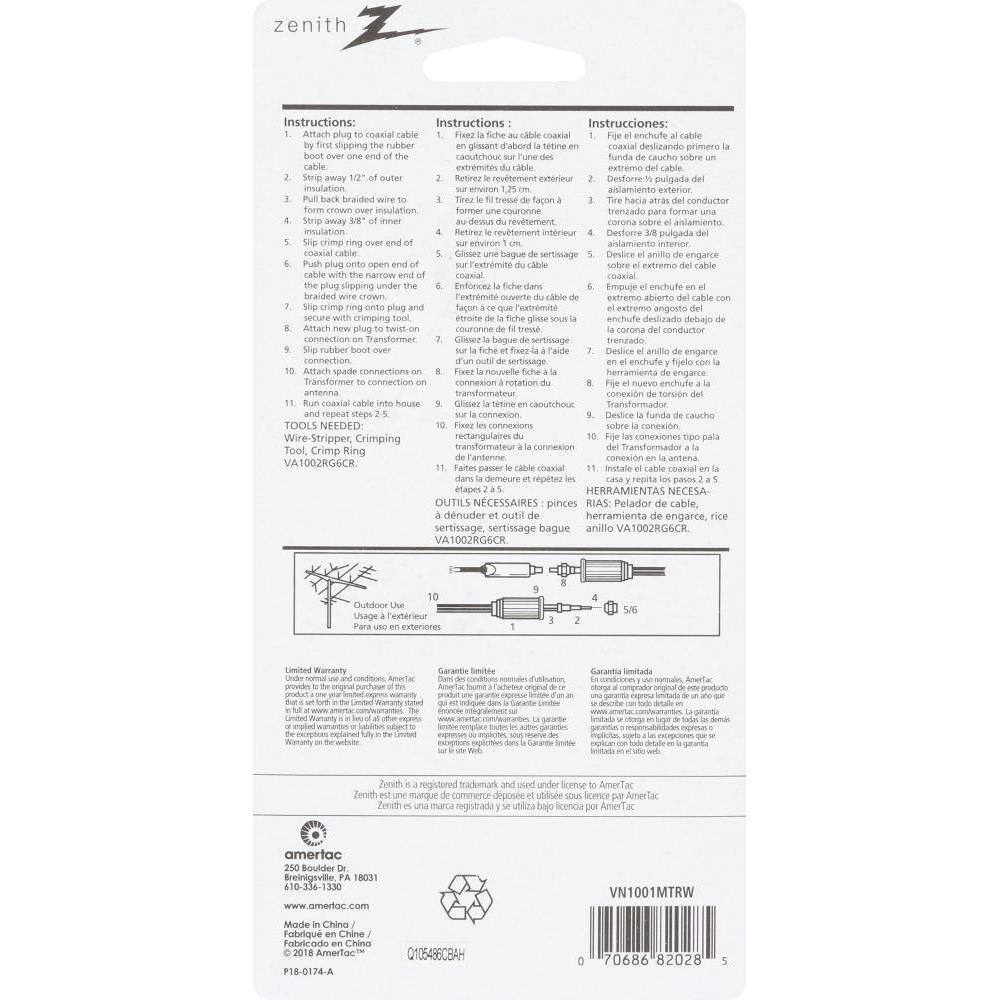 Zenith Outdoor Antenna-to-Coaxial Transformer VN1001MTRW