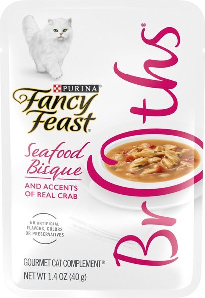 Fancy Feast Broths Seafood Bisque and Accents of Real Crab Grain-Free Cat Food Topper， 1.4-oz， case of 16