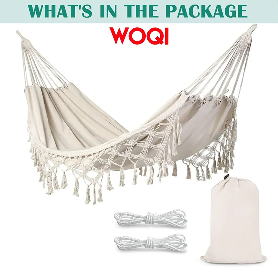 WOQI Outdoor White Camping Hammock Large Fringed Macrame Double Hammock Swing Bed with Carry Bag