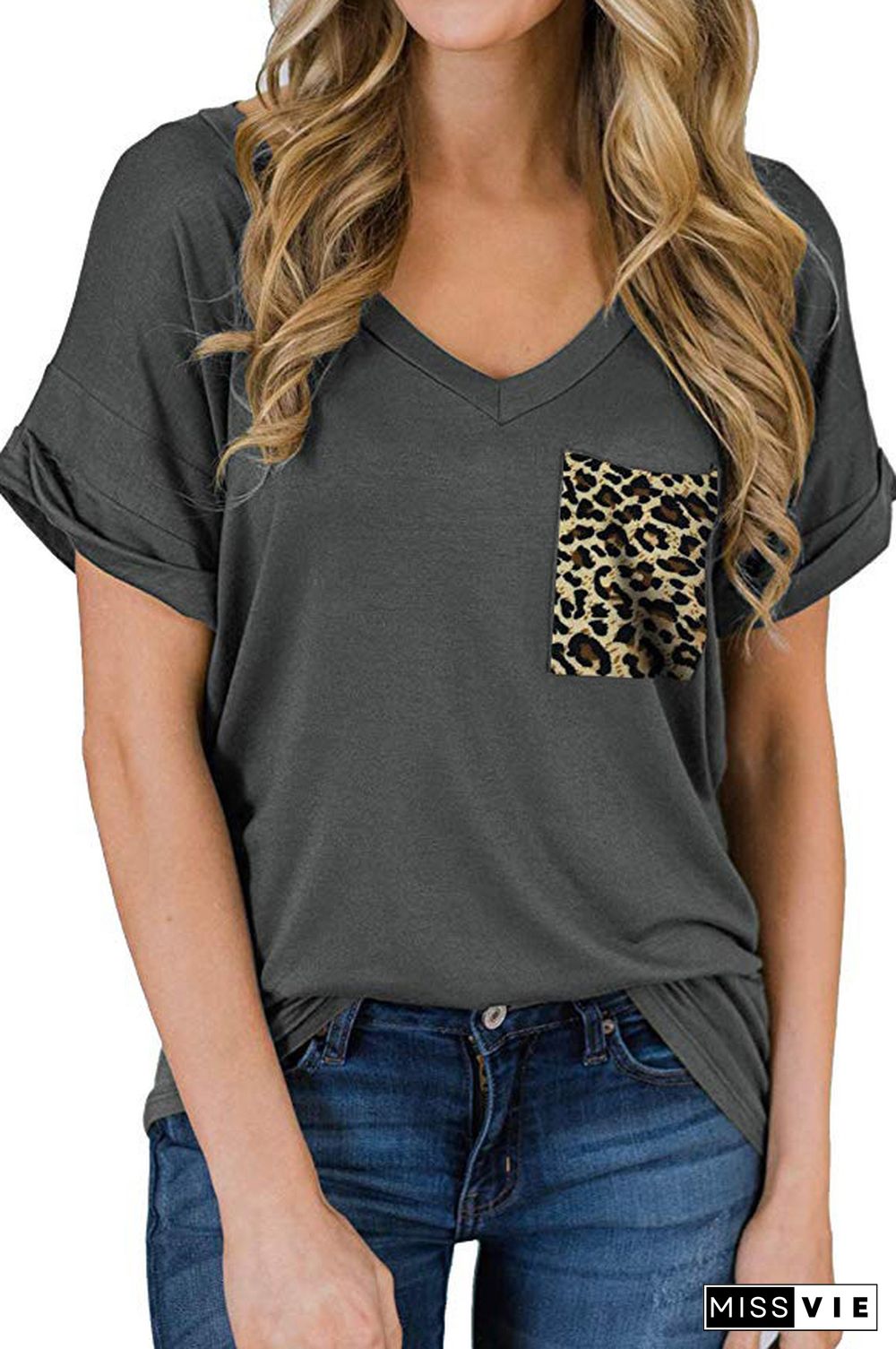 Dark Gray Leopard Pocket Short Sleeve T-shirt