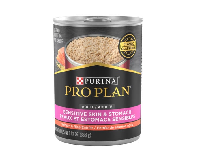 Purina Pro Plan Sensitive Skin and Stomach Dog Food Pate， Sensitive Skin and Stomach Salmon and Rice Entrée， 13 oz. Can