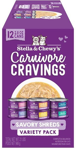 Stella and Chewy's Carnivore Cravings Savory Shreds Variety Pack Cat Food， 2.8-oz can， case of 12