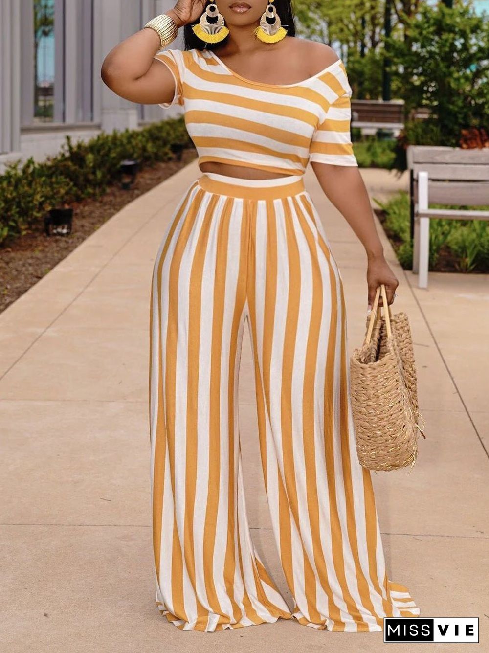 Women'S Sets Striped Crop Top & Wide Leg Pants Two-Piece Set