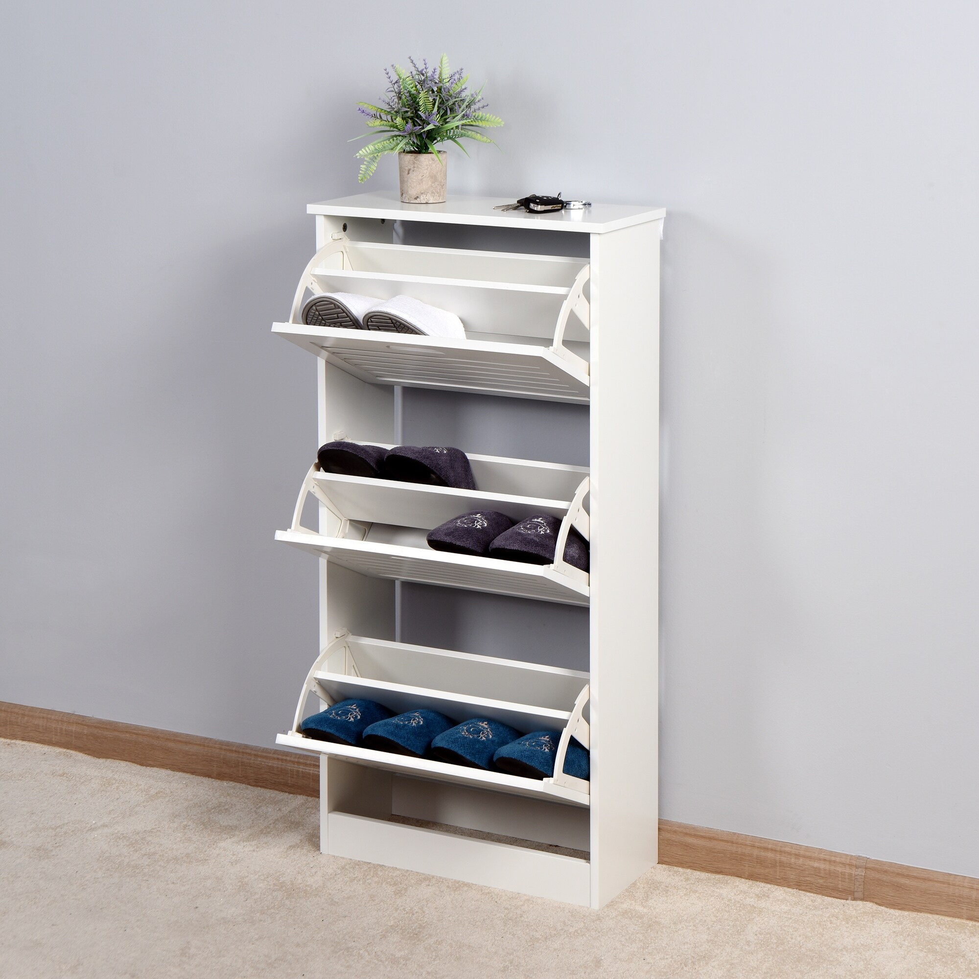 White Wooden Shoe Cabinet with 3 Flip Doors - - 35239057