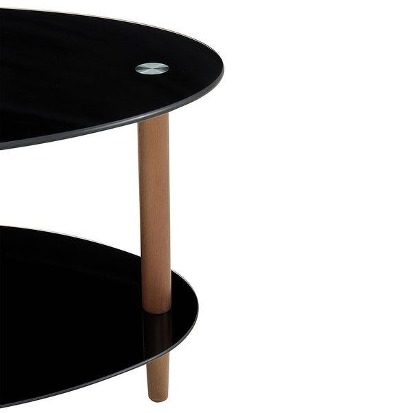 3-layer Modern Oval Glass Coffee Table with Oak Wood Legs