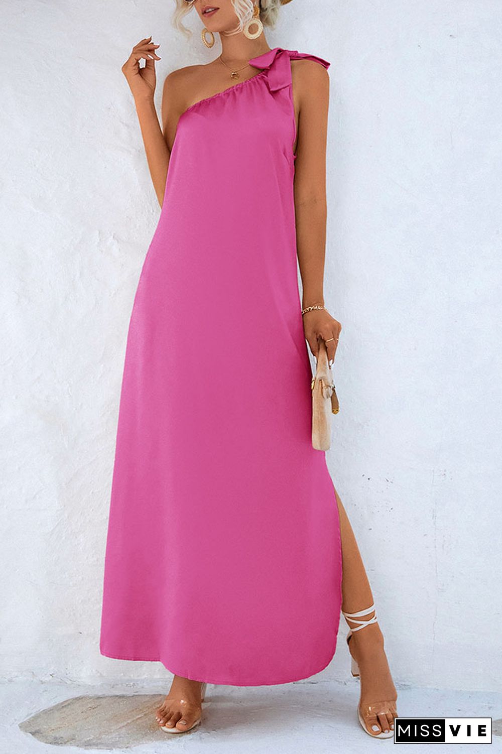 One Shoulder Tie Knot Split Maxi Dress