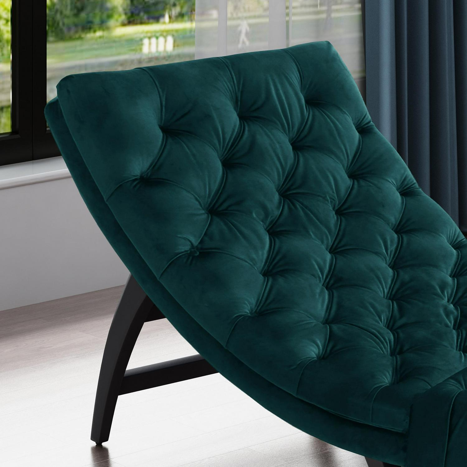 Noble House Wade Indoor Velvet Button Tufted Chaise Lounge， Teal， Dark Brown