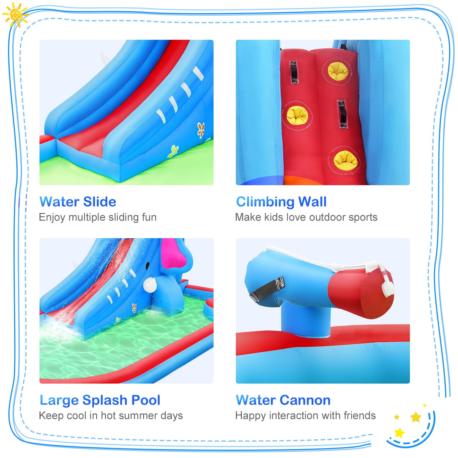 Inflatable pool water slides kids outdoor Inflatable bouncers House w/long slide Climbing Wall & Large Splash Pool, Water Cannons & Hose, Elephant Themed Inflatable Water Park (with 550w Blower)