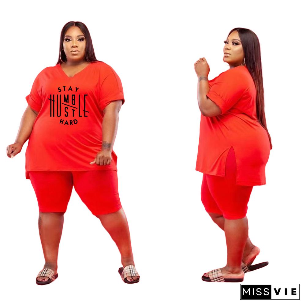 Plus Size Women Short Sleeve V Neck T-Shirt Knee Length Shorts Summer Clothes Two Piece Matching Set