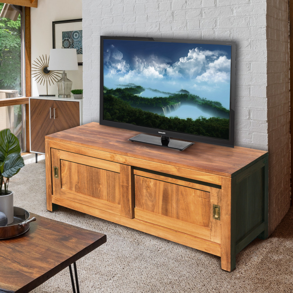 Waxed Teak Wood Oakland Media Center   Transitional   Entertainment Centers And Tv Stands   by Chic Teak  Houzz