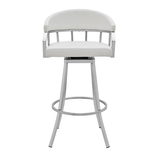 Myla 30 Inch Swivel Barstool， Slatted Back， Curved Slope Arms， Steel， White - 21L x 21W x 40H