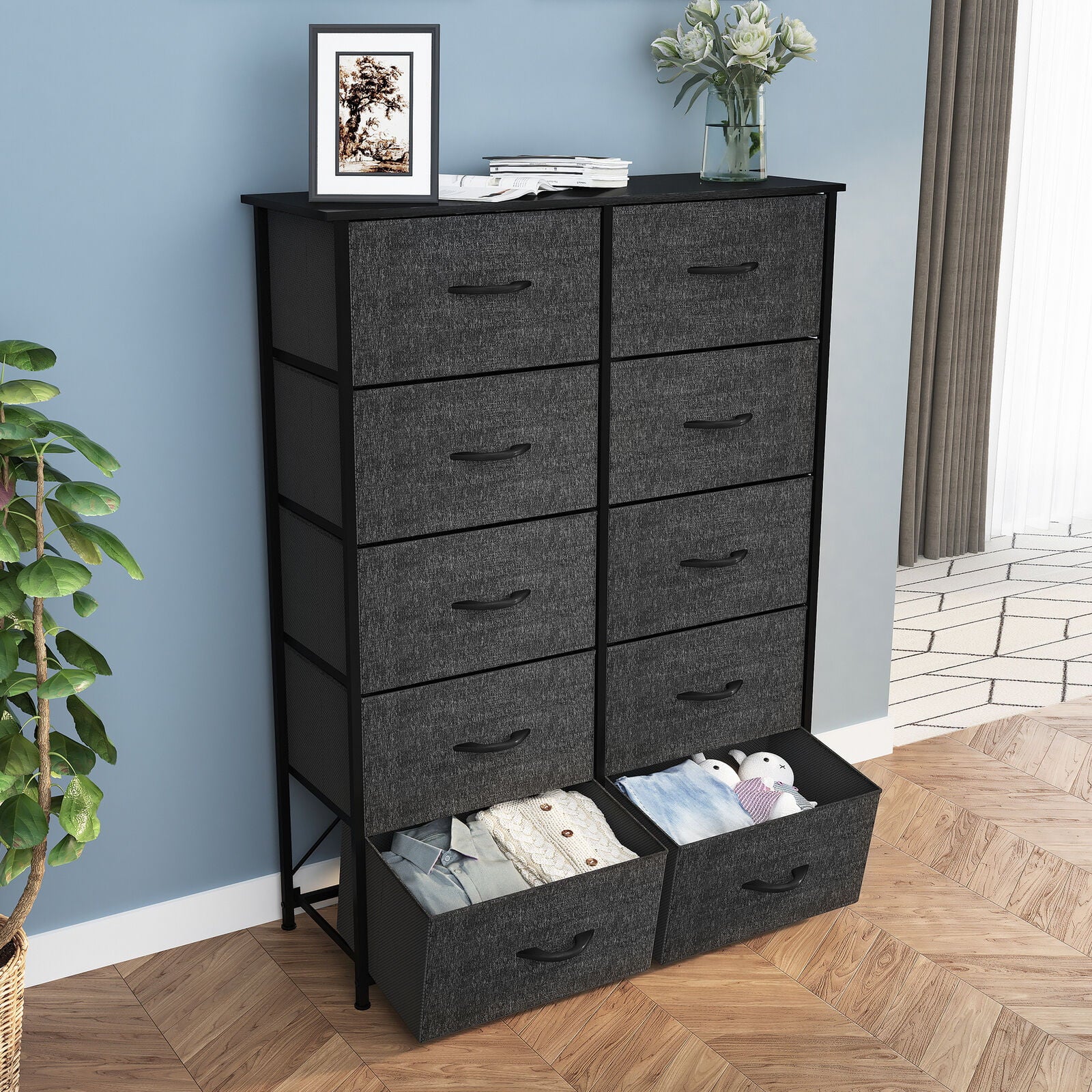 DWVO 10 Drawer Dresser Chest of Storage Dresser Tall Fabric Dresser Storage Cabinet Bin Nightstand Cabinet, Black Grey