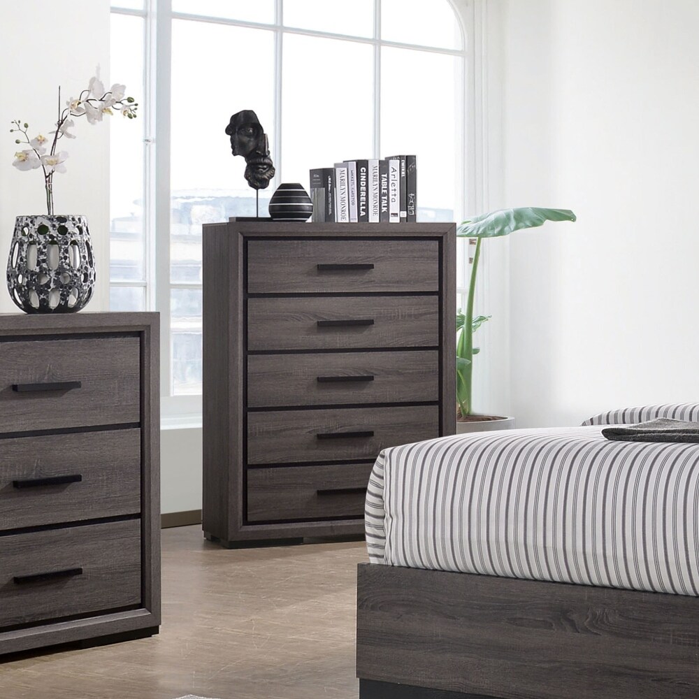 Rothwell Contemporary Grey 5 Drawer Chest with Black Trim by Furniture of America