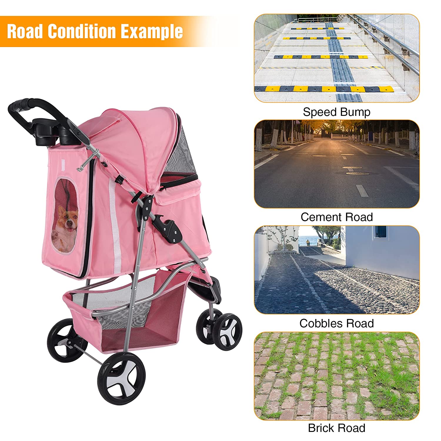 Lineslife 3 Wheels Pet Stroller， Foldable Carrier Strolling Cart for Small Medium Dogs and Cats， Pink