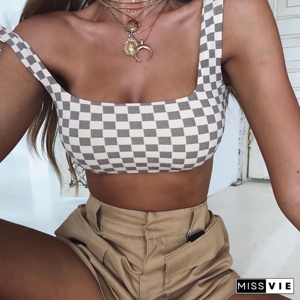 Causey Sexy Rushed Slim Crop Top Women Plaid Summer Top Women Casual Party Beach Tank Top Cropped Feminino