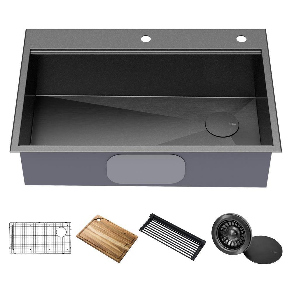 KRAUS Kore 16-Gauge Black Stainless Steel 33 in. Single Bowl Drop-In Workstation Kitchen Sink with Accessories KWT310-33PGM