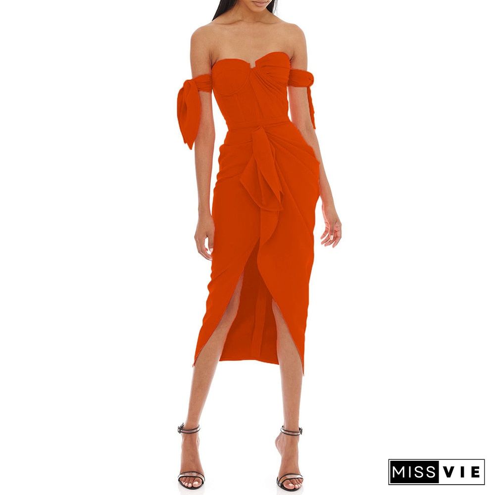 Ruffles Party Dress New Arrival High Quality Orange Bodycon Dress Women Summer Off Shoulder Sexy Club Dress Evening Outfits