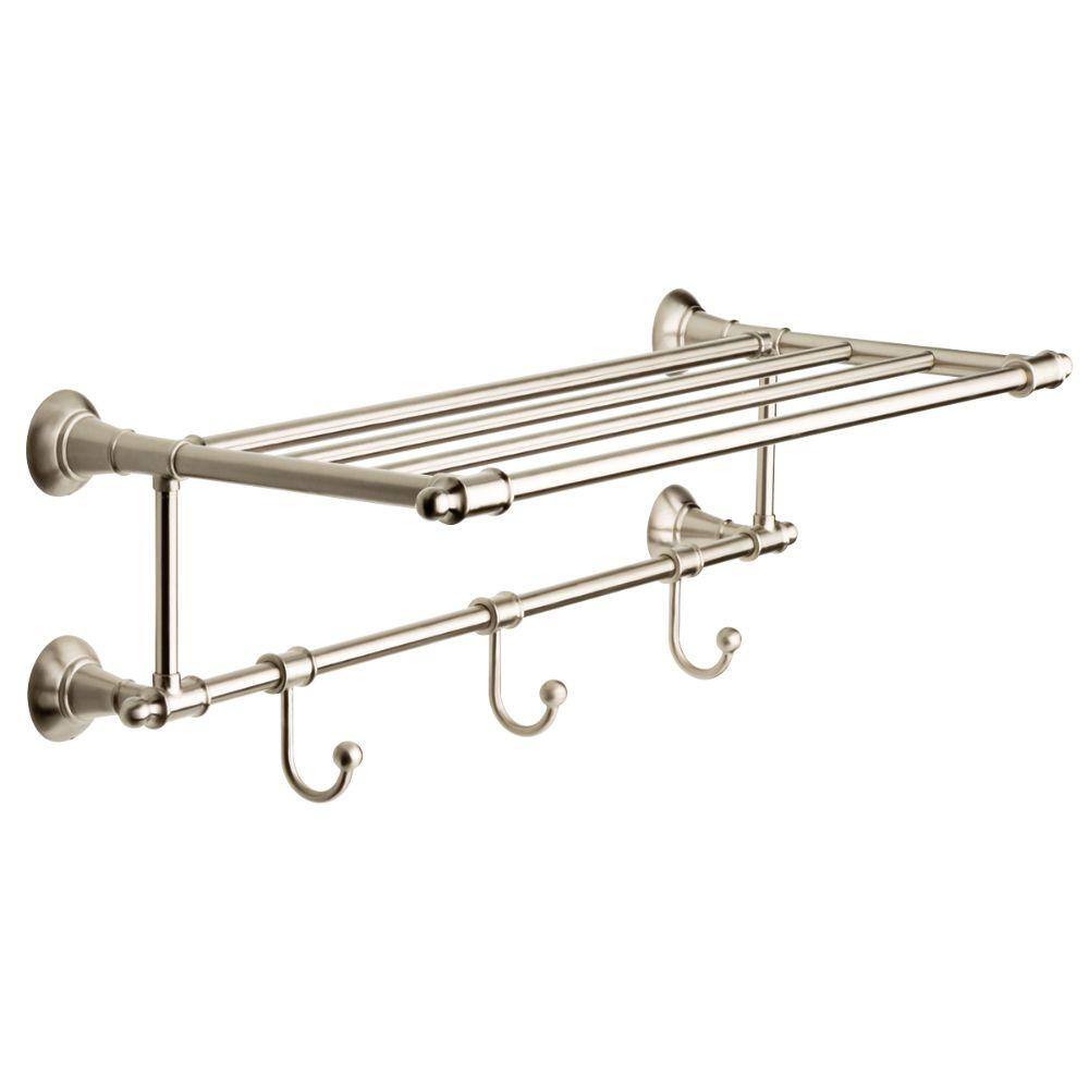 Delta 24 in. W Towel Shelf with 3-Towel Hooks in Brushed Nickel HEXTN32-BN