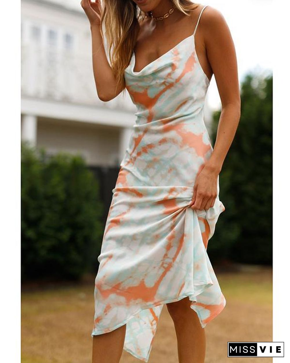 Cowl Neck Tie Dye Cami Dress