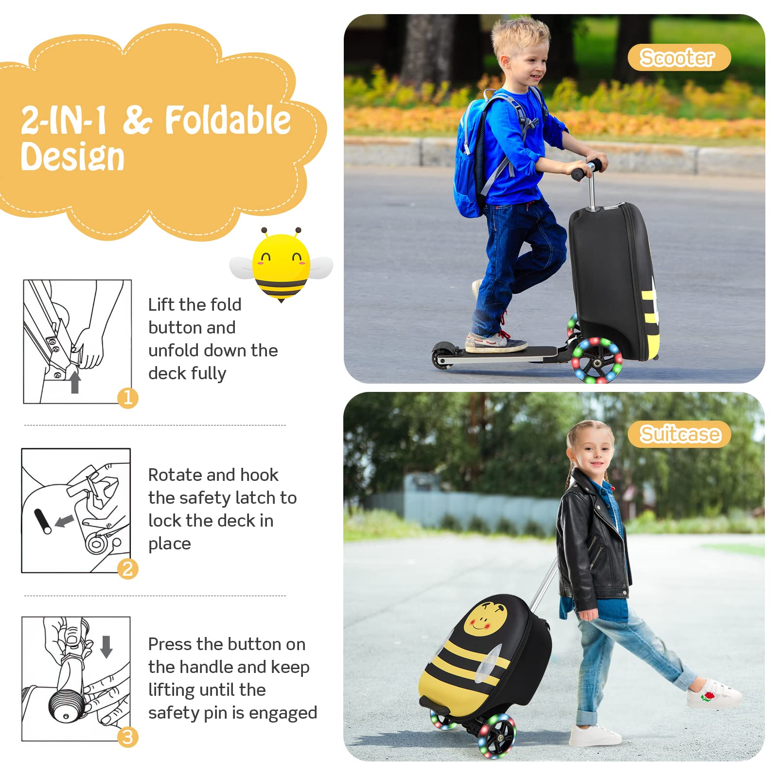 Costzon Kids Folding Ride On Suitcase Scooter, 2-in-1 Lightweight Skateboard Luggage