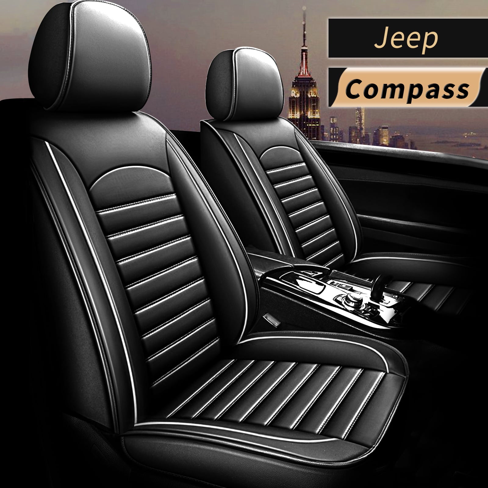 AOMSAZTO Fit Jeep Compass 2007-2021 Black and White Car seat Cover 5-seat Faux Leather Full Set Compatible Airbag