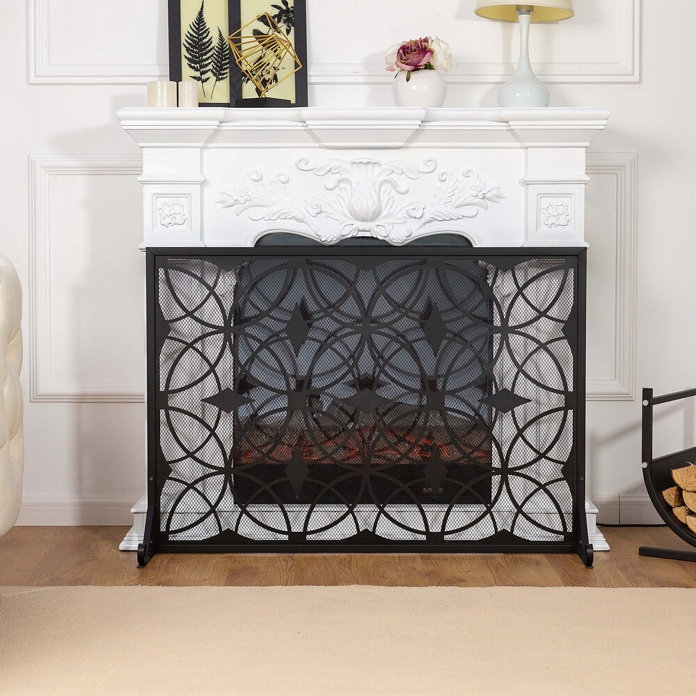 Modern Single Panel Black Unique Pattern Iron Fireplace Screen    41.73'' x 12.20'' x 29.33''