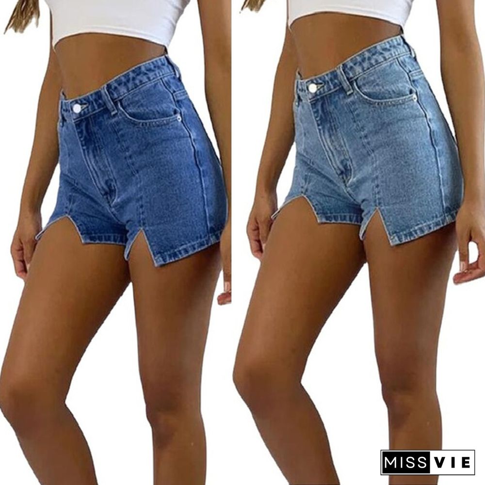 Women Summer High Waist Denim Jeans Shorts Skinny Stretch Split Jean Short Pants S-2XL