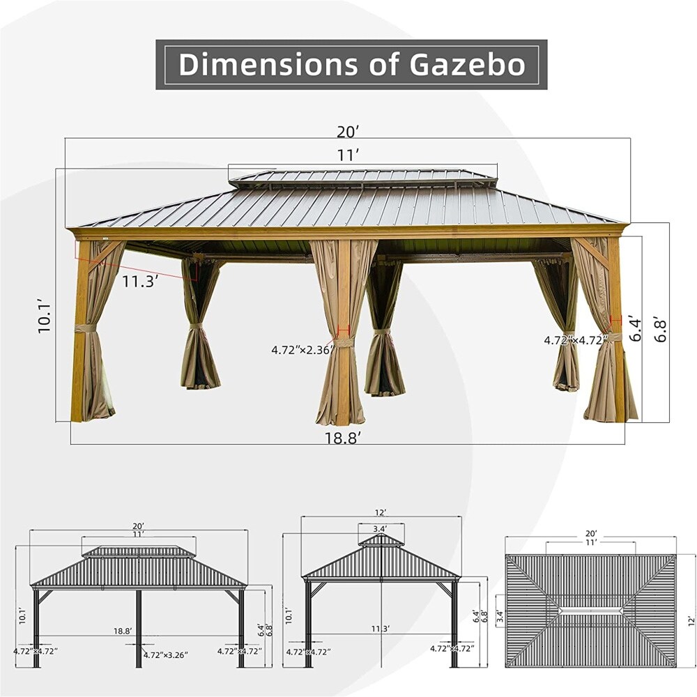 12x20 Outdoor Aluminum Double Canopy Gazebo with Curtain and Netting