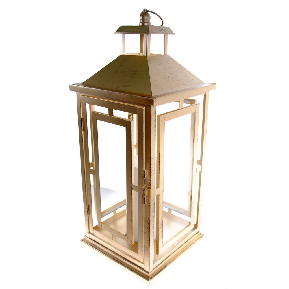 Shop4Omni 20 Inch Metal and Glass Tabletop Centerpiece Lantern with Flame-Less Candle Brushed Bronze